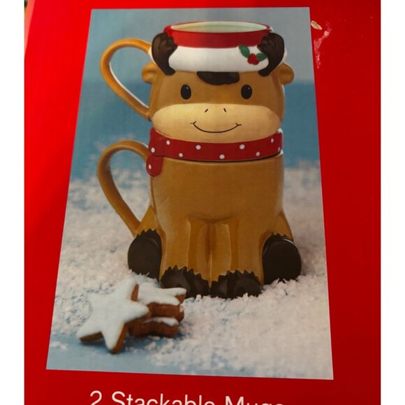 Holiday Lane Christmas Reindeer Themed Stackable Ceramic 2 PC Mug Set New in Box - Picture 9 of 9